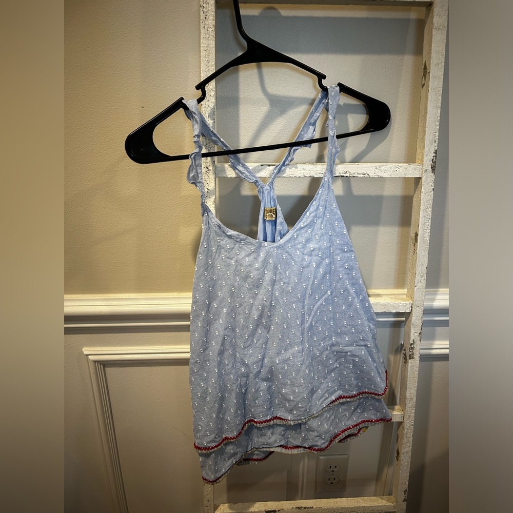 Blue Sleeveless Top with Red Trim